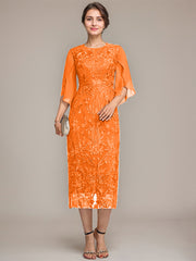 Sheath/Column Scoop Tea-Length Lace Chiffon Mother of the Bride Dress