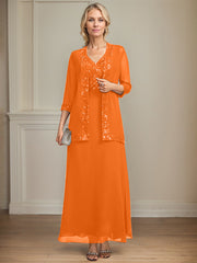 A-line V-Neck Ankle-Length Lace Sequin Chiffon Mother of the Bride Dress