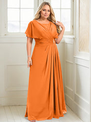 A-line Scoop Floor-Length Chiffon Mother of the Bride Dress With Pleated Beading