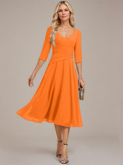 A-line V-Neck Tea-Length Chiffon Mother of the Bride Dress With Pleated