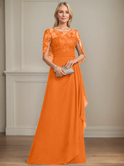 A-line Scoop Illusion Floor-Length Lace Chiffon Mother of the Bride Dress With Cascading Ruffles Sequins