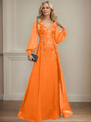 A-Line V-Neck Long Sleeves Floor-Length Chiffon Mother Of The Bride Dresses With Lace