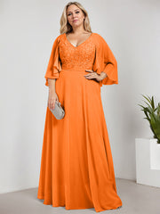 A-line V-Neck Floor-Length Chiffon Lace Mother of the Bride Dress With Sequins Beading