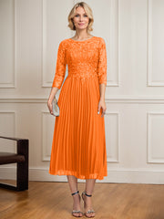 A-line Scoop Illusion Tea-Length Lace Chiffon Mother of the Bride Dress With Sequins Pleated
