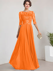 A-line Scoop Illusion Floor-Length Lace Chiffon Mother of the Bride Dress With Pleated Sequins
