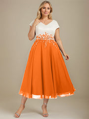 A-line V-Neck Tea-Length Satin Chiffon Mother of the Bride Dress With Appliques Lace