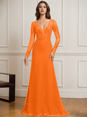 Sheath/Column V-Neck Detachable Sweep Train Lace Tulle Chiffon Mother of the Bride Dress With Sequins