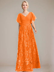 A-line V-Neck Floor-Length Lace Sequin Chiffon Mother of the Bride Dress With Pleated