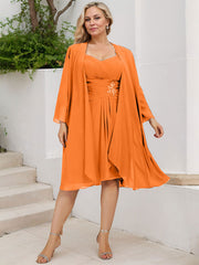 Sheath/Column Sweetheart Knee-Length Chiffon Mother of the Bride Dress With Beading Appliques Lace Sequins Pleated