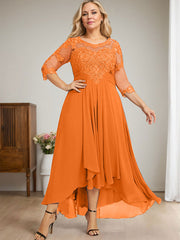 A-line Scoop Illusion Asymmetrical Lace Chiffon Mother of the Bride Dress With Cascading Ruffles
