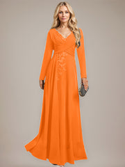 A-line V-Neck Floor-Length Stretch Crepe Evening Dress With Pleated Sequins Appliques Lace