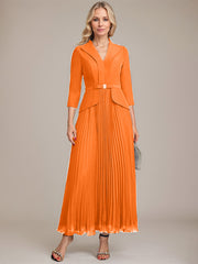 A-line Collared V-Neck Ankle-Length Chiffon Mother of the Bride Dress With Beading Pleated