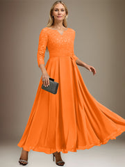 A-line V-Neck Ankle-Length Chiffon Lace Mother of the Bride Dress With Rhinestone
