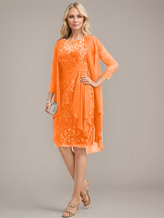 Sheath/Column Scoop Illusion Knee-Length Lace Chiffon Mother of the Bride Dress With Cascading Ruffles Sequins