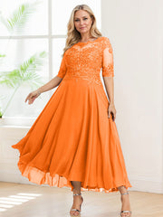 A-line Illusion Boat Neck Asymmetrical Chiffon Lace Mother of the Bride Dress With Sequins Beading
