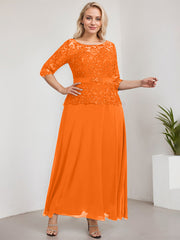 A-line Scoop Illusion Ankle-Length Chiffon Lace Mother of the Bride Dress With Rhinestone Beading