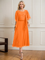 A-line Scoop Tea-Length Lace Chiffon Mother of the Bride Dress With Sequins