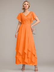 A-line V-Neck Ankle-Length Lace Chiffon Mother of the Bride Dress With Cascading Ruffles