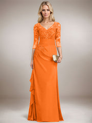 A-line V-Neck Floor-Length Lace Chiffon Mother of the Bride Dress With Cascading Ruffles