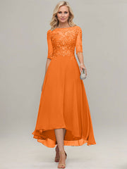 A-line Illusion Boat Neck Asymmetrical Chiffon Lace Mother of the Bride Dress With Sequins Beading