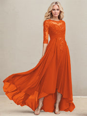 A-line Scoop Illusion Asymmetrical Lace Chiffon Mother of the Bride Dress With Pleated Sequins