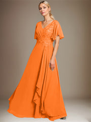 A-line V-Neck Floor-Length Lace Chiffon Mother of the Bride Dress With Cascading Ruffles Sequins