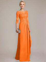 A-line Scoop Illusion Floor-Length Chiffon Lace Mother of the Bride Dress With Beading Sequins Cascading Ruffles