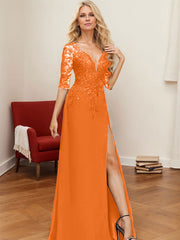A-Line V-Neck 1/2 Sleeves Floor-Length Chiffon Mother Of The Bride Dresses With Lace