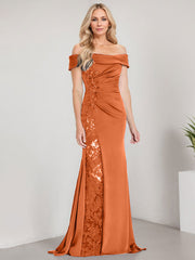 A-Line Off the Shoulder Floor-Length Chiffon Mother of the Bride Dress Applique Beadings Mermaid Dress With  High Split