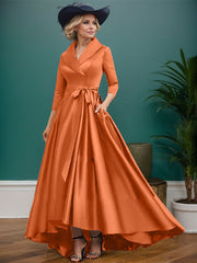 A-Line V-Neck 3/4 Sleeves Satin Mother Of The Bride Dresses With Pockets