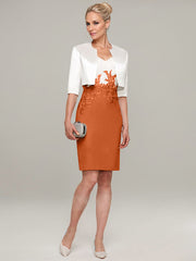 Sheath/Column V-Neck Knee-Length Satin Mother of the Bride Dress With Jacket Appliqued