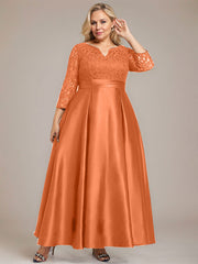 A-line V-Neck Ankle-Length Lace Satin Mother of the Bride Dress With Rhinestone