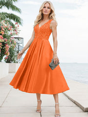 A-Line V-Neck Sleeveless Tea-Length Satin Mother Of The Bride Dresses With Lace