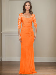 Sheath/Column Square Neckline 3/4 Sleeves Floor-Length Jersey Mother Of The Bride Dresses With Lace