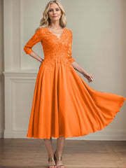 A-line V-Neck Tea-Length Chiffon Lace Mother of the Bride Dress With Beading Sequins