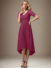 A-line V-Neck Asymmetrical Lace Chiffon Mother of the Bride Dress With Sequins