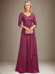 Empire V-Neck Floor-Length Lace Chiffon Mother of the Bride Dress With Cascading Ruffles Sequins