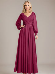 A-line V-Neck Floor-Length Chiffon Mother of the Bride Dress With Sequins Appliques Lace Pleated