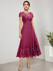 A-line Scoop Illusion Tea-Length Lace Chiffon Mother of the Bride Dress With Sequins