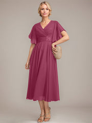A-line V-Neck Tea-Length Chiffon Mother of the Bride Dress With Pleated Beading