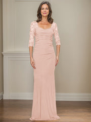Sheath/Column Square Neckline 3/4 Sleeves Floor-Length Jersey Mother Of The Bride Dresses With Lace