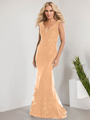 A-line V-Neck Floor-Length Lace Chiffon Mother of the Bride Dress With Applique Sequins Mermaid Dresses