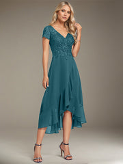 A-line V-Neck Asymmetrical Lace Chiffon Mother of the Bride Dress