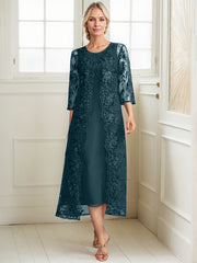 A-line Scoop Tea-Length Lace Chiffon Mother of the Bride Dress