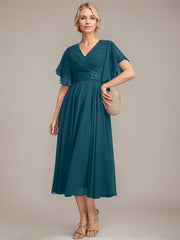 A-line V-Neck Tea-Length Chiffon Mother of the Bride Dress With Pleated Beading