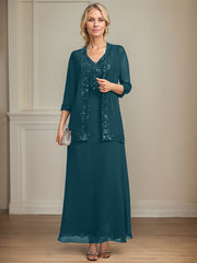 A-line V-Neck Ankle-Length Lace Sequin Chiffon Mother of the Bride Dress