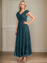 A-line V-Neck Ankle-Length Chiffon Mother of the Bride Dress With Bow Sequins Appliques Lace