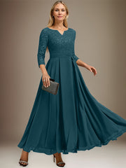 A-line V-Neck Ankle-Length Chiffon Lace Mother of the Bride Dress With Rhinestone