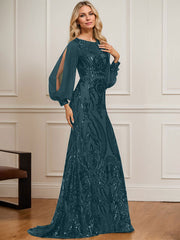 Trumpet/Mermaid Boat Neck Illusion Sweep Train Chiffon Sequin Evening Dress