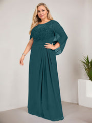 A-line Scoop Illusion Floor-Length Lace Chiffon Mother of the Bride Dress With Sequins Pleated